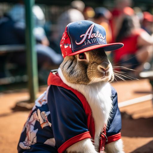 photo of bunny rabbit wearing a baseball hat with an Atlanta Braves logo on it, wearing an oversized baseball jersey unbottoned and draped over his body and the hat barely fitting over his ears