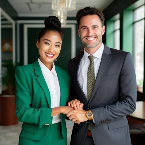 photo of business success happy smiling professional closed a deal black woman wearing a green and white suit, asian man wearing black and white suit green tie