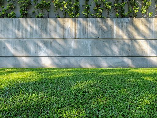 photo of concrete fence with horizontal lines across, green mowed lawn, day light --ar 4:3 --s 250