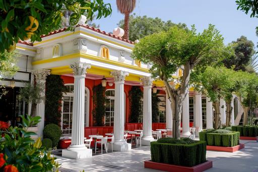 photo of greek revival style Mcdonald store in beverly hills, Mcdonald signs, red, yellow, white, midday, luxury, elegant, gorgeouse, extravagance --ar 3:2 --v 6.0