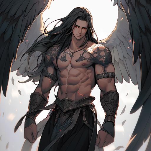 photo of grey skin muscular male elven warrior yellow eyes long black hair angel wings: : anime cartoon illustration: : -0 . 35 --niji --s 50
