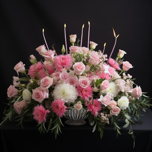 photo of large pink and white casket spray arrangement with roses and carnations and fireworks
