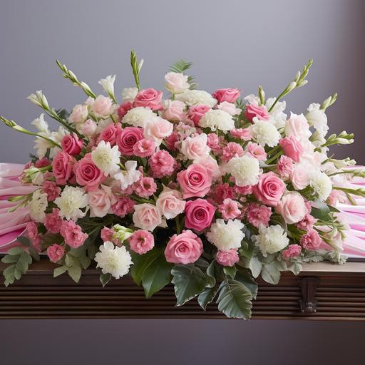 photo of large pink and white casket spray arrangement with roses and carnations