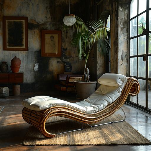 photo of le corbusier chair, day bed, made of rattan and white leather inside studio, 1920s modern bauhaus inspired, true to original form, --v 6.0 --s 250