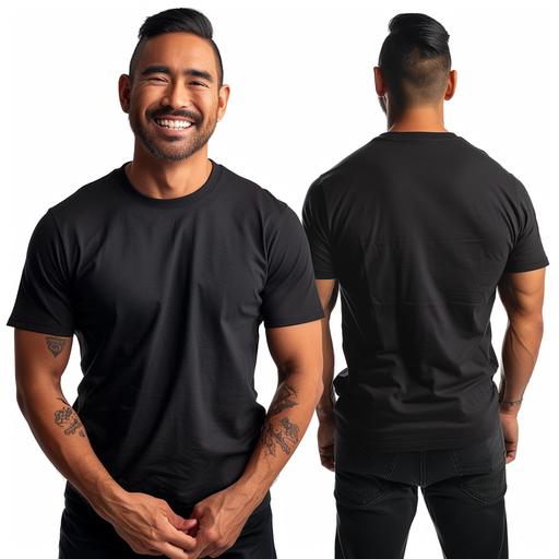photo of mockup ready, black bella canva 3001C on hispanic man, from front and back