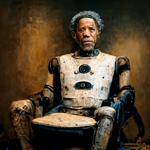 photo of morgan freeman aj humanoid robot in balley dress, sitting on chair, rembrant style painting, 4k, ultra realistic