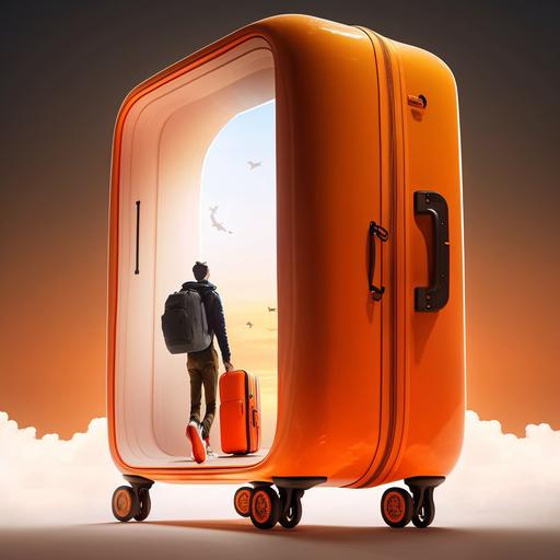 photo of of human traveller levitating through the clouds holding the hot orange floyd cabin bag on one hand, 747plane in the background  photorealistic, Natural Sunlight, 8k HD ultra, POV from different angles,ultra-detailed