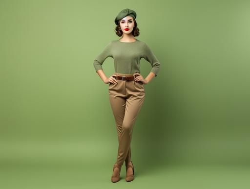 photo of pretty young woman ((full body)) beige shoes, in trendy retro clothes and gloves posing with hands on hips isolated on green banner --ar 12:9
