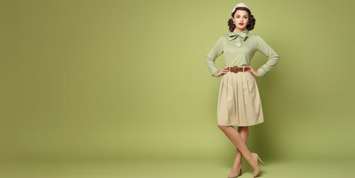 photo of pretty young woman ((full body)) beige shoes, in trendy retro clothes and gloves posing with hands on hips isolated on green banner
