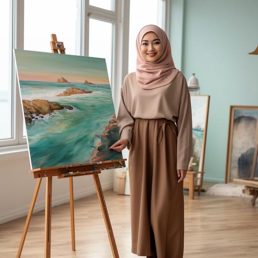 photo of siti Kamariah Ahmad Subki looking as a Muslim artist wearing hijab holding palette with colors and with standing easel, canvas of painting of sea with waves looking joyful in her gallery with bright natural light, brown solid wood floors and green surrounding. Hyper realism with detailing