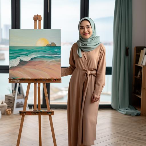 photo of siti Kamariah Ahmad Subki looking as a Muslim artist wearing hijab holding palette with colors and with standing easel, canvas of painting of sea with waves looking joyful in her gallery with bright natural light, brown solid wood floors and green surrounding. Hyper realism with detailing