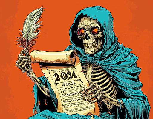photo of the grim reaper holding a scroll with the number 2024 written on top. He holds a feather quilt pen and wears reading glasses. Comic for 
