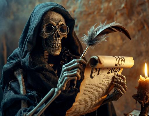photo of the grim reaper holding a scroll with the number 2024 written on top. He holds a feather quilt pen and wears reading glasses. redacted for 