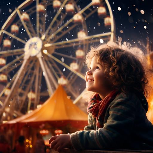 photo of the look of a happy child watching the lights of Christmas villas, frame in the child's gaze with the background of a Ferris wheel with lights --v 5.2