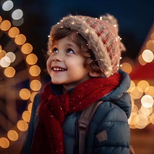 photo of the look of a happy child watching the lights of Christmas villas, frame in the child's gaze with the background of a Ferris wheel with lights --v 5.2