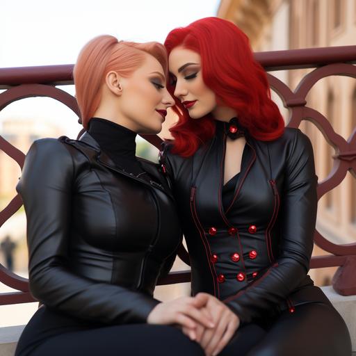 photo of the most beautiful Marvel women blonde Felicia Hardy with black collar choker and red haired Natasha Romanova in their slim Zuhair Murad designed black leather suits laying on balustrade smiling tenderly Valentine's Day --style raw --c 6 --v 5.2