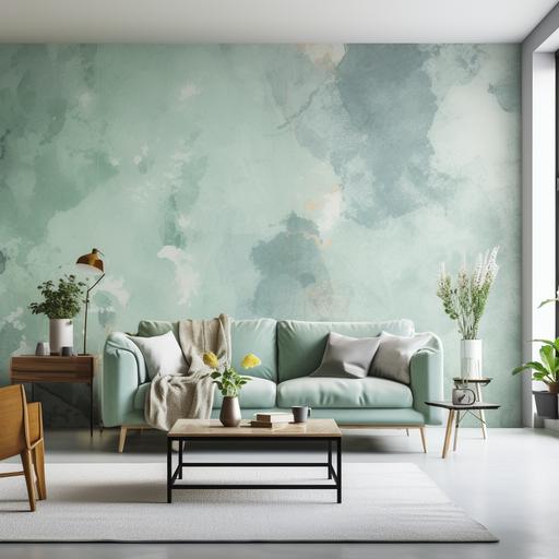 photo of the wall in living room with green and light blue wallpaper