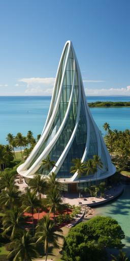 photo of tropical resort hotel tower, triton shell shape, design by Santiago Calatrava and Jørn Utzon, steel and glass, midday, sunny, tropical vibe --ar 1:2 --v 5.2 --s 300