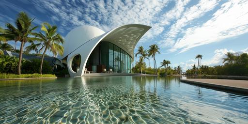 photo of tropical resort hotel, triton shell shape, design by Santiago Calatrava and Jørn Utzon, steel and glass, midday, sunny, tropical vibe, wide shot, full shot --ar 2:1 --v 6.0