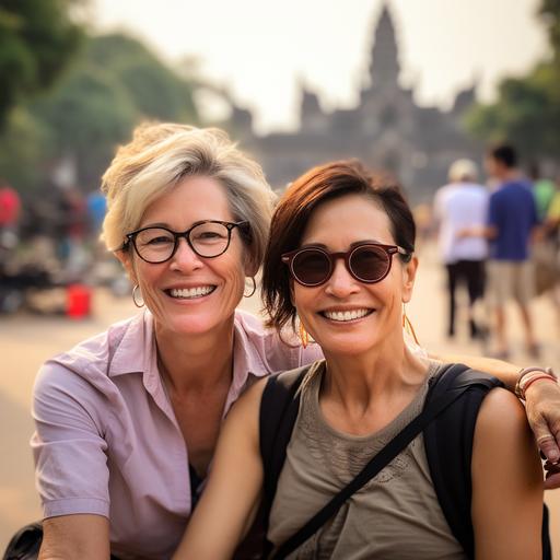 photo of two female friends aged 50 years, chubby, blonde and brunette, with short hair against the background of the sights of Cambodia