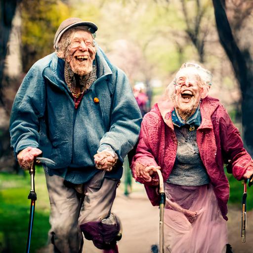 photo of two happy senoirs having fun with their walkers, spring walk in the city park, man and female --s 750 --upbeta