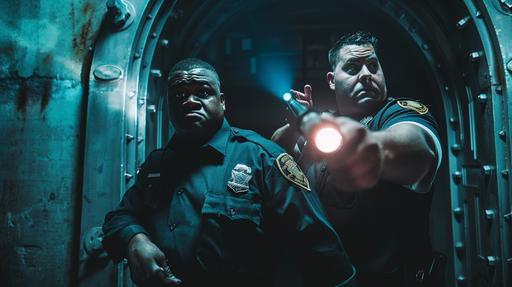photo of two security guards in a dark bank vault, one white man, one black man pointing large flashlights off frame. quirky, comedy, funny. no guns --ar 16:9