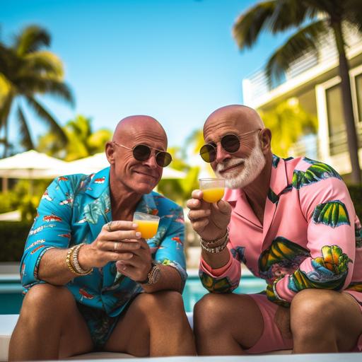 photo of two white gay men in their 70's, the first one is bald and very muscular. He is wearing gym clothes. His chest and shoulders are ripped with muscles. The other one has black glasses and is dressed fashionably. They are sitting by a stunning pool in their mid-century home in Fort Lauderdale, Florida sipping on colorful cocktails. Modern artwork adorns the wall behind them. The sun is setting. The photo looks like a frame from a david finscher movie. Super photo realistic.