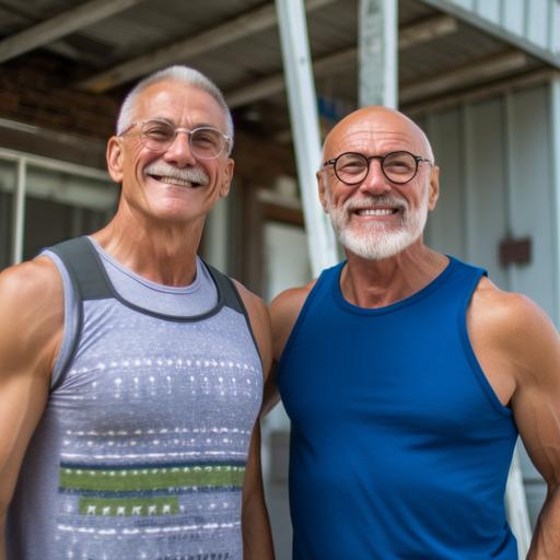 photo of two white gay men in their 70's, the first one is Phil. Phil is bald and very muscular. Phil is wearing a blue tank top and gym shorts. His chest is hairy with gray hairy, so are his arms. His shoulders are ripped with muscles. The other is Jmaes. James has black glasses and is dressed fashionably. Both Phile and James are sitting by a stunning pool of their mid-century home in Fort Lauderdale, Florida sipping on colorful cocktails. Phil is smiling and happy. James looks conniving and serious. Modern artwork adorns the wall behind them. The sun is setting. The photo looks like a frame from a david finscher movie. Super photo realistic.
