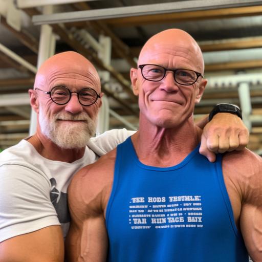 photo of two white gay men in their 70's, the first one is Phil. Phil is bald and very muscular. Phil is wearing a blue tank top and gym shorts. His chest is hairy with gray hairy, so are his arms. His shoulders are ripped with muscles. Next to him is James. James has thick black glasses and is dressed fashionably in a short sleave button down shirt and beach shorts. Both Phil and James are sitting by a stunning pool of their mid-century home in Fort Lauderdale, Florida, Phil and James are sipping on colorful cocktails. Phil is smiling and happy. James looks conniving and serious. Modern artwork adorns the wall behind them. The sun is setting. The photo looks like a frame from a david fincher movie. Super photo realistic.