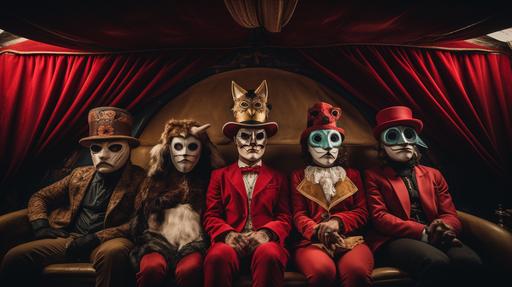 photo of vaudeville::3 dancing, wearing masks with horns, in the style of ritualistic masks, delicate textures, fantasy-inspired mask, Greenland landscape, fashion, fashion photography, artistic, vogue, cinematic lighting, soft tones, Wes Anderson style --ar 16:9