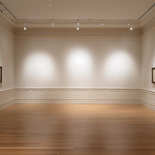 photo of very tall but empty museum wall, with high ceilings, wood floors, white baseboards and crown molding on the wall. The wall is well lit.