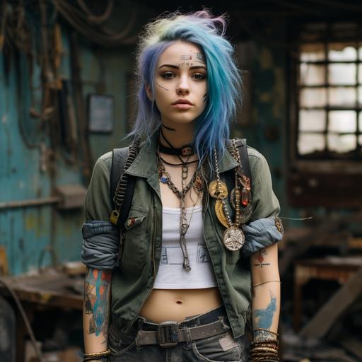 photo of white American teen girl. military hippie-core fashion style. scowling in anger. electric-blue hair. wearing combat boots and a pair of very distressed jeans. wearing a bomber jacket covered in patches that is tied snugly around her waist. wearing a some sort of boho-crochet top. has on a tremendous amount of bracelets. tattoo on each arm. electric-blue fingernails. digital photo, very realistic, ultra-detailed, 8k, movie reel, full body. --v 5.2