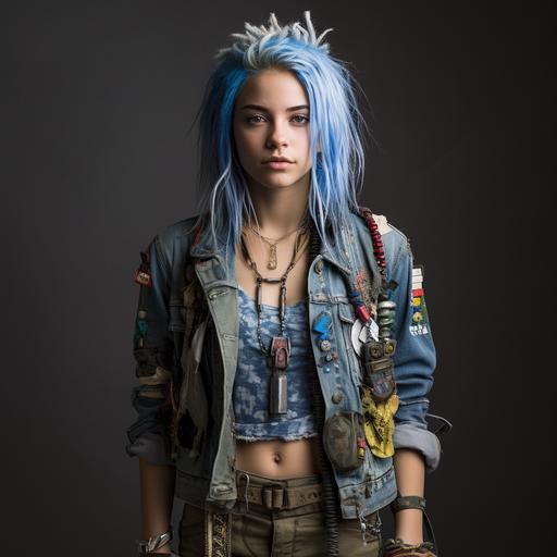 photo of white American teen girl. military hippie-core fashion style. scowling in anger. dyed electric-blue hair. wearing combat boots and a pair of very distressed jeans. wearing a bomber jacket covered in patches that is tied snugly around her waist. wearing a some sort of boho-crochet top. has on a tremendous amount of bracelets on each arm. one tattoo on each arm. electric-blue fingernails. digital photo, very realistic, 8k, movie reel, full body shot. --v 5.2