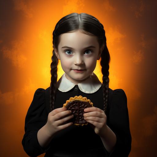 photo portrait of a little Wednesday Addams girl smiling and eating an orange biscuit, backlit, --style raw