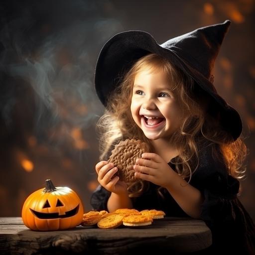 photo portrait of a little witch smiling and eating an orange biscuit, backlit, --style raw