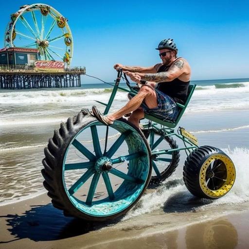 photo real 3 wheel pedicab with super fat tires surfing a wave as big as the ferris wheel on the Santa peir Beach in California