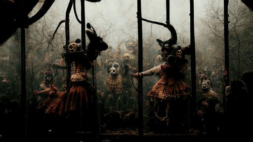 /photo real dancers with demon teeth spike belts and spike boots pounched by arrows dancing in the rusty cage decorated with animal heads, horror enviroment, high detail, photorrealistic, cinematic dommy lighting, 90s fashion photogrraphy --ar 16:9