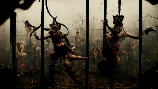 /photo real dancers with demon teeth spike belts and spike boots pounched by arrows dancing in the rusty cage decorated with animal heads, horror enviroment, high detail, photorrealistic, cinematic dommy lighting, 90s fashion photogrraphy --ar 16:9