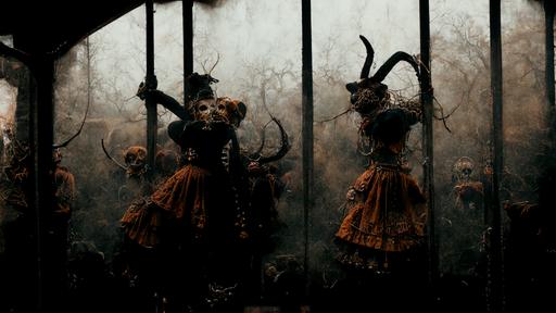 /photo real dancers with demon teeth spike belts and spike boots pounched by arrows dancing in the rusty cage decorated with animal heads, horror enviroment, high detail, photorrealistic, cinematic dommy lighting, 90s fashion photogrraphy --ar 16:9