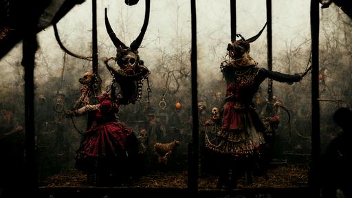 /photo real dancers with demon teeth spike belts and spike boots pounched by arrows dancing in the rusty cage decorated with animal heads, horror enviroment, high detail, photorrealistic, cinematic dommy lighting, 90s fashion photogrraphy --ar 16:9