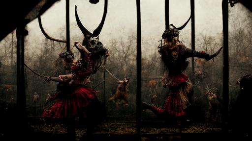 /photo real dancers with demon teeth spike belts and spike boots pounched by arrows dancing in the rusty cage decorated with animal heads, horror enviroment, high detail, photorrealistic, cinematic dommy lighting, 90s fashion photogrraphy --ar 16:9