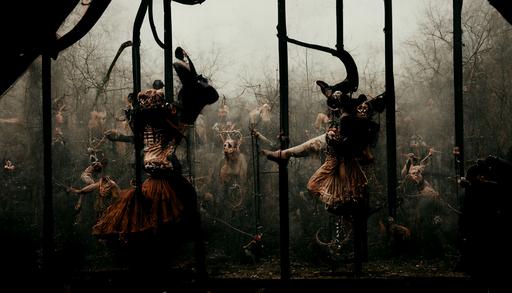 /photo real dancers with demon teeth spike belts and spike boots pounched by arrows dancing in the rusty cage decorated with animal heads, horror enviroment, high detail, photorrealistic, cinematic dommy lighting, 90s fashion photogrraphy --ar 16:9