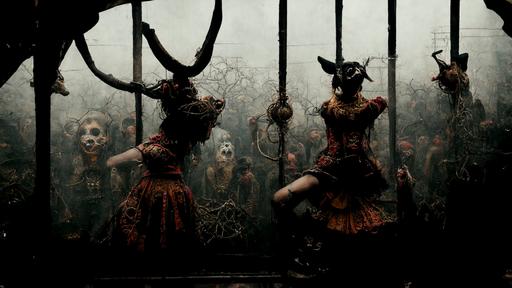 /photo real dancers with demon teeth spike belts and spike boots pounched by arrows dancing in the rusty cage decorated with animal heads, horror enviroment, high detail, photorrealistic, cinematic dommy lighting, 90s fashion photogrraphy --ar 16:9