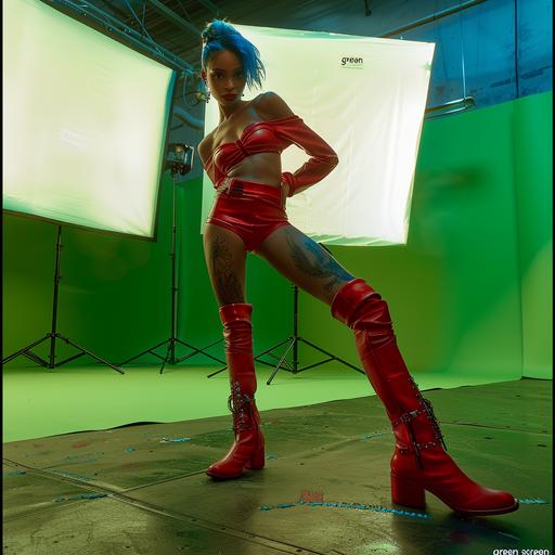 photo real dangerous skinny black woman with blue hair and six pack abs wearing bright red leather and high heel vinicunca style boots ready to entertain, lighting is edge lit/dynamic, complete one tone 