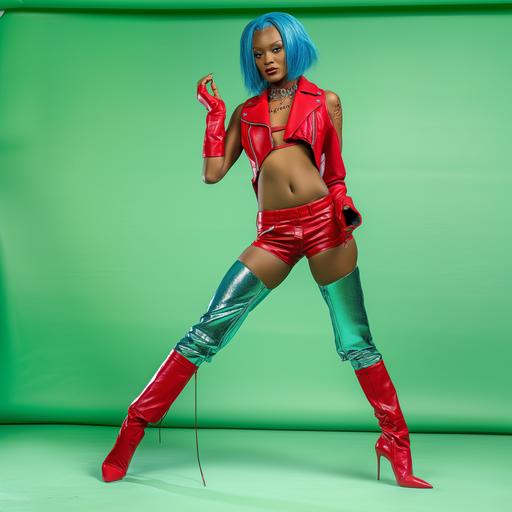 photo real dangerous skinny black woman with blue hair and six pack abs wearing bright red leather and high heel vinicunca style boots ready to entertain, lighting is edge lit/dynamic, complete one tone 