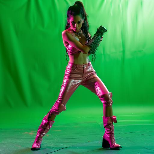 photo real dangerous skinny woman with cat eye and six pack abs wearing pink leather and high heel vinicunca style boots ready to fight crime, lighting is edge lit/dynamic, complete 