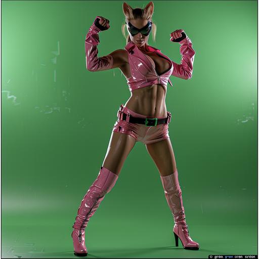 photo real dangerous skinny woman with cat eye and six pack abs wearing pink leather and high heel vinicunca style boots ready to fight crime, lighting is edge lit/dynamic, complete 
