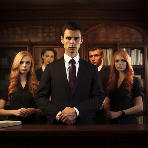 photo-realisitic, Gathered in the study were a female detective, a butler, a man with long hair, a lawyer in a suit, a woman with blonde hair and a woman with red hair, photo-realistic, view is behind them and can't see faces.