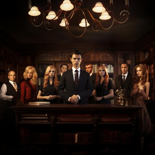 photo-realisitic, Gathered in the study were a female detective, a butler, a man with long hair, a lawyer in a suit, a woman with blonde hair and a woman with red hair, photo-realistic, view is behind them and can't see faces.