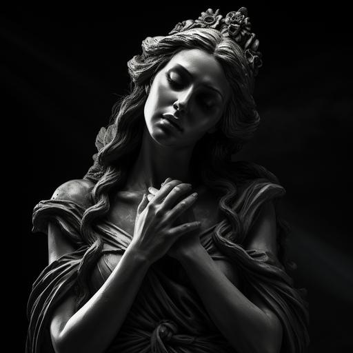 photo realism portrait of a Greek goddess statue. With her hand touching her chin. In High contrast black and white. dark shadows.